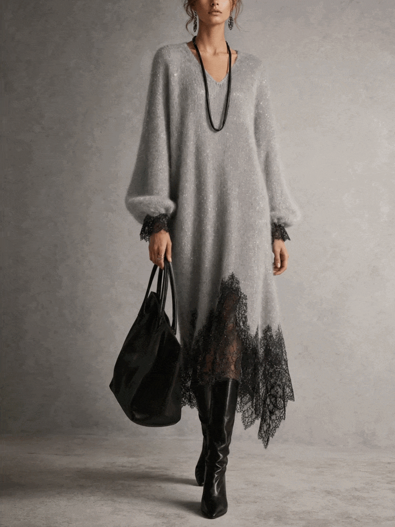 Shimmer Knit Sweater Dress with Lace Hem, V-Neck and Puff Sleeves 2