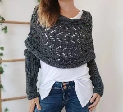 Double Sleeve Wrap Scarf - Cozy Knit Shawl with Built-In Sleeves 3