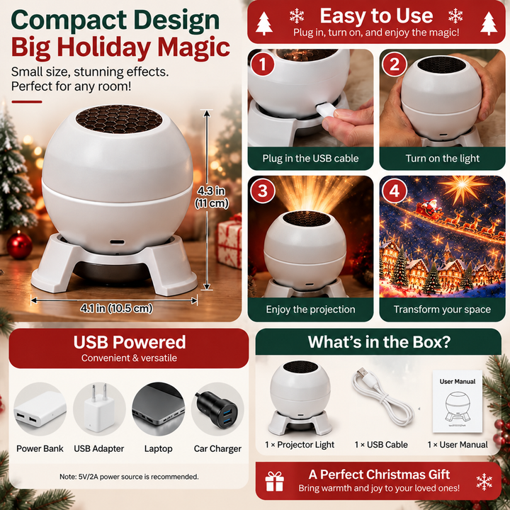 Christmas Projector Night Light for Walls and Ceilings, USB Powered Holiday Decor 7