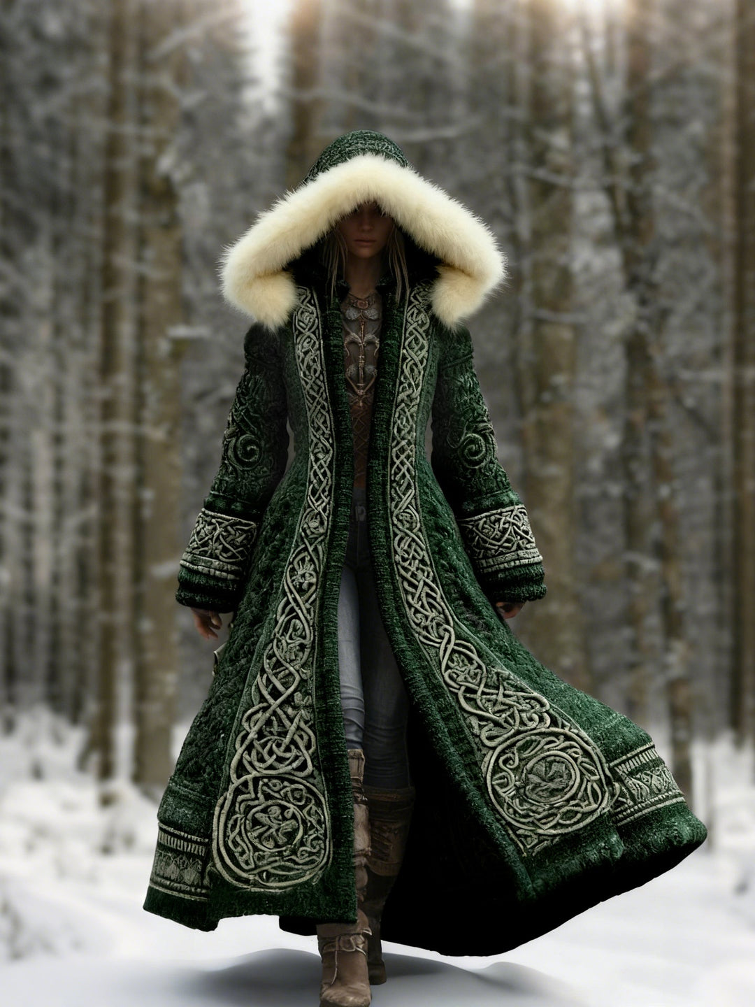 Women's Embroidered Hooded Winter Coat, Flared Maxi Length with Long Sleeves 3