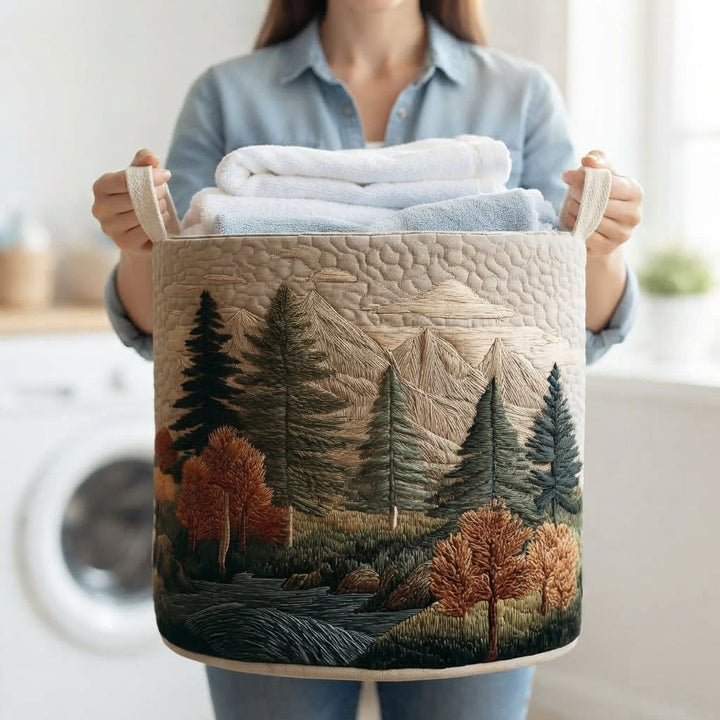 Quilted Fabric Laundry Basket with Forest Prints, Self-Standing, 3 Sizes 12