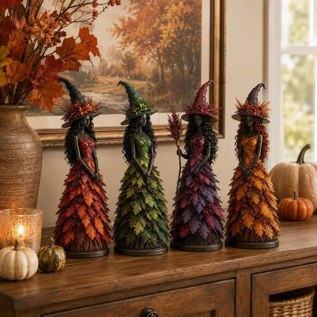 Handmade Autumn Witch Figurine with Hand-Painted Leaf Details 7