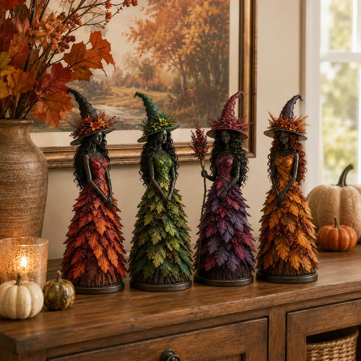 Handmade Autumn Witch Figurine with Hand-Painted Leaf Details 7