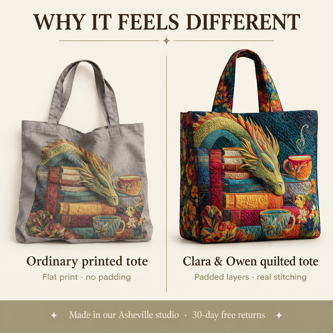 Quilted Tote Bag with Book, Dragon and Tea Print, Machine Washable 4