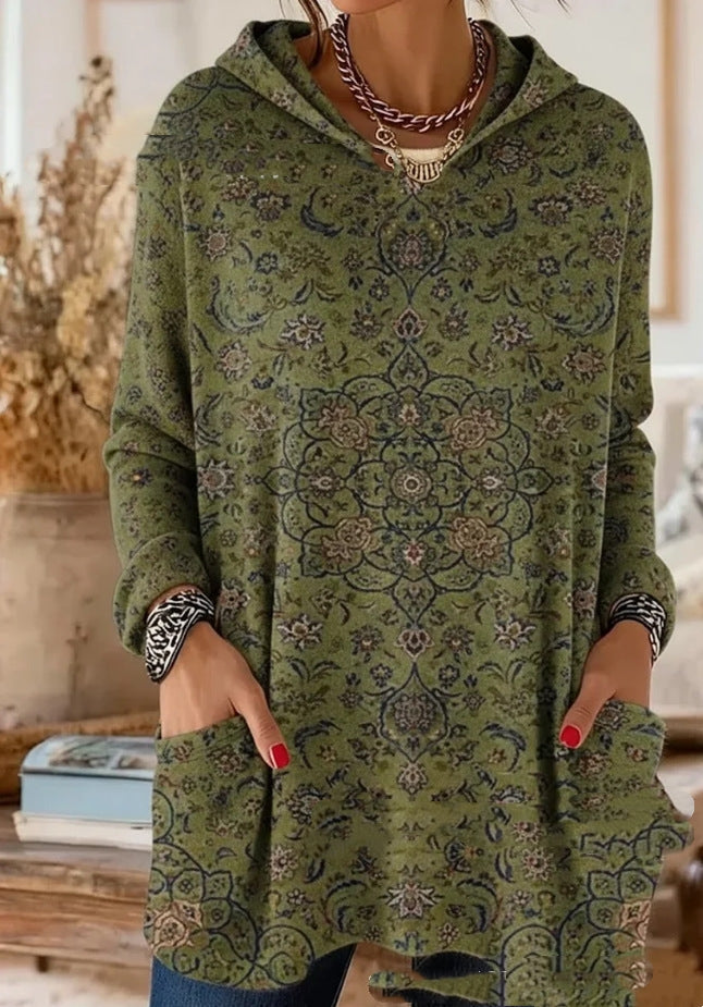 Bohemian Print Hooded Tunic Top with Relaxed Fit and Long Sleeves 7