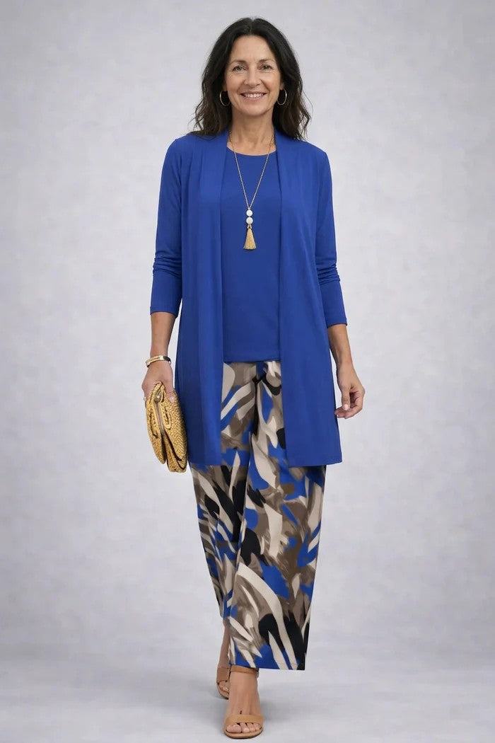 Women's 3-Piece Set with Printed Open Cardigan, Tee and Wide Pants 2
