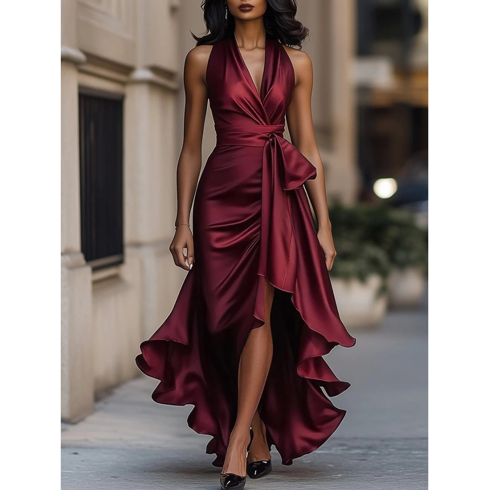 Women's Halter Maxi Dress with Draped Bodice and Cascading Ruffle Hem 2