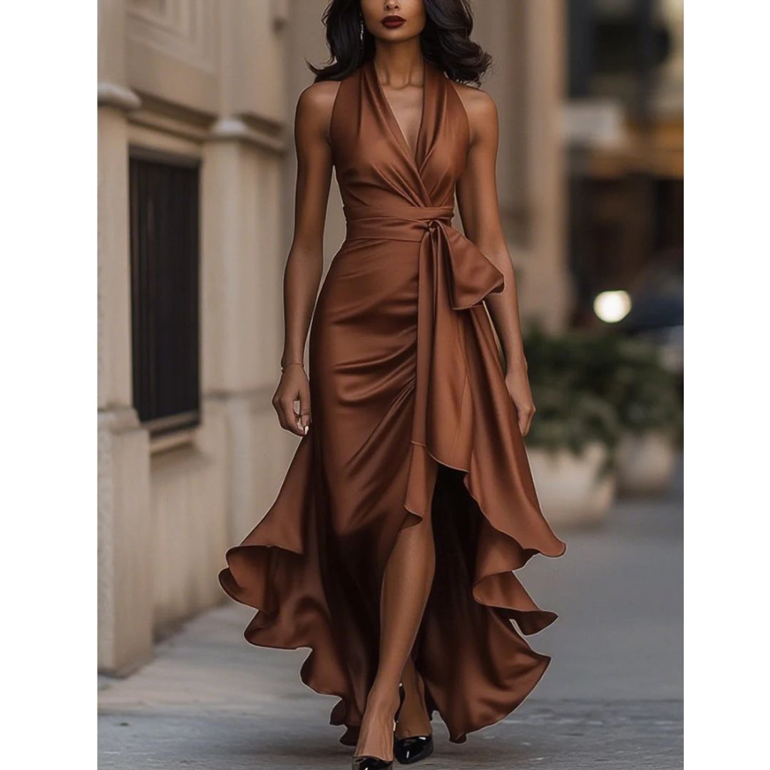 Women's Halter Maxi Dress with Draped Bodice and Cascading Ruffle Hem 5