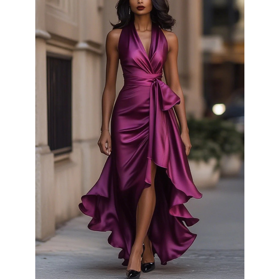 Women's Halter Maxi Dress with Draped Bodice and Cascading Ruffle Hem 6