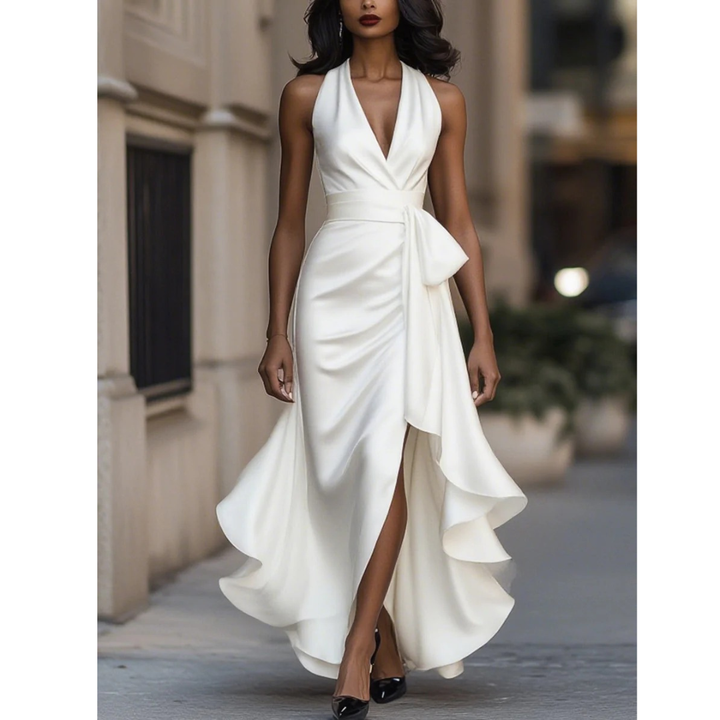 Women's Halter Maxi Dress with Draped Bodice and Cascading Ruffle Hem 3