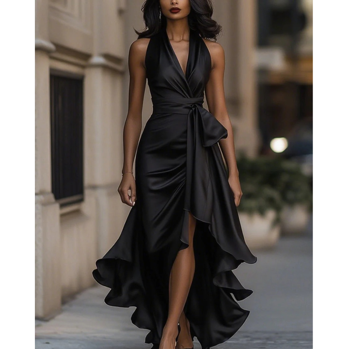 Women's Halter Maxi Dress with Draped Bodice and Cascading Ruffle Hem 7