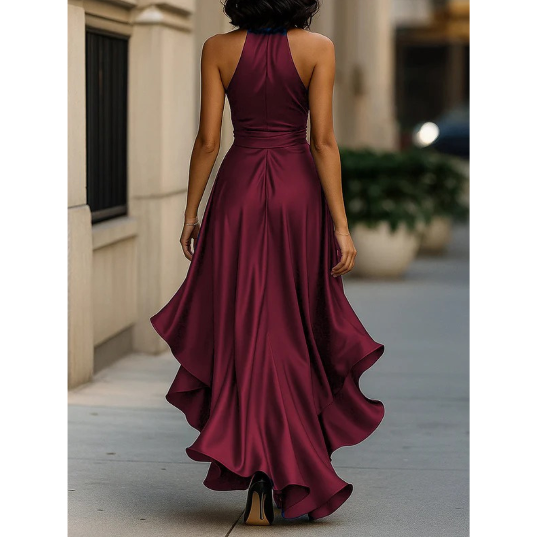 Women's Halter Maxi Dress with Draped Bodice and Cascading Ruffle Hem 9