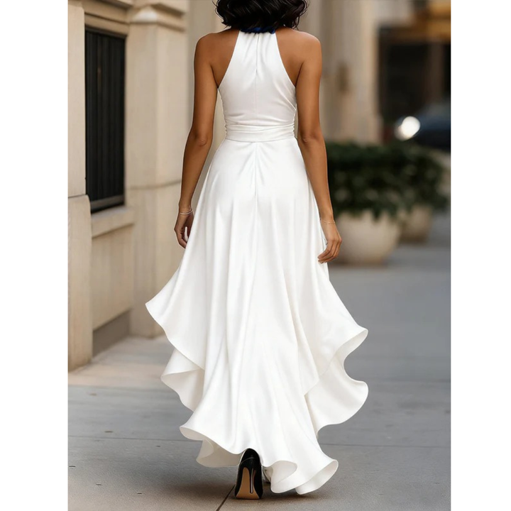 Women's Halter Maxi Dress with Draped Bodice and Cascading Ruffle Hem 10