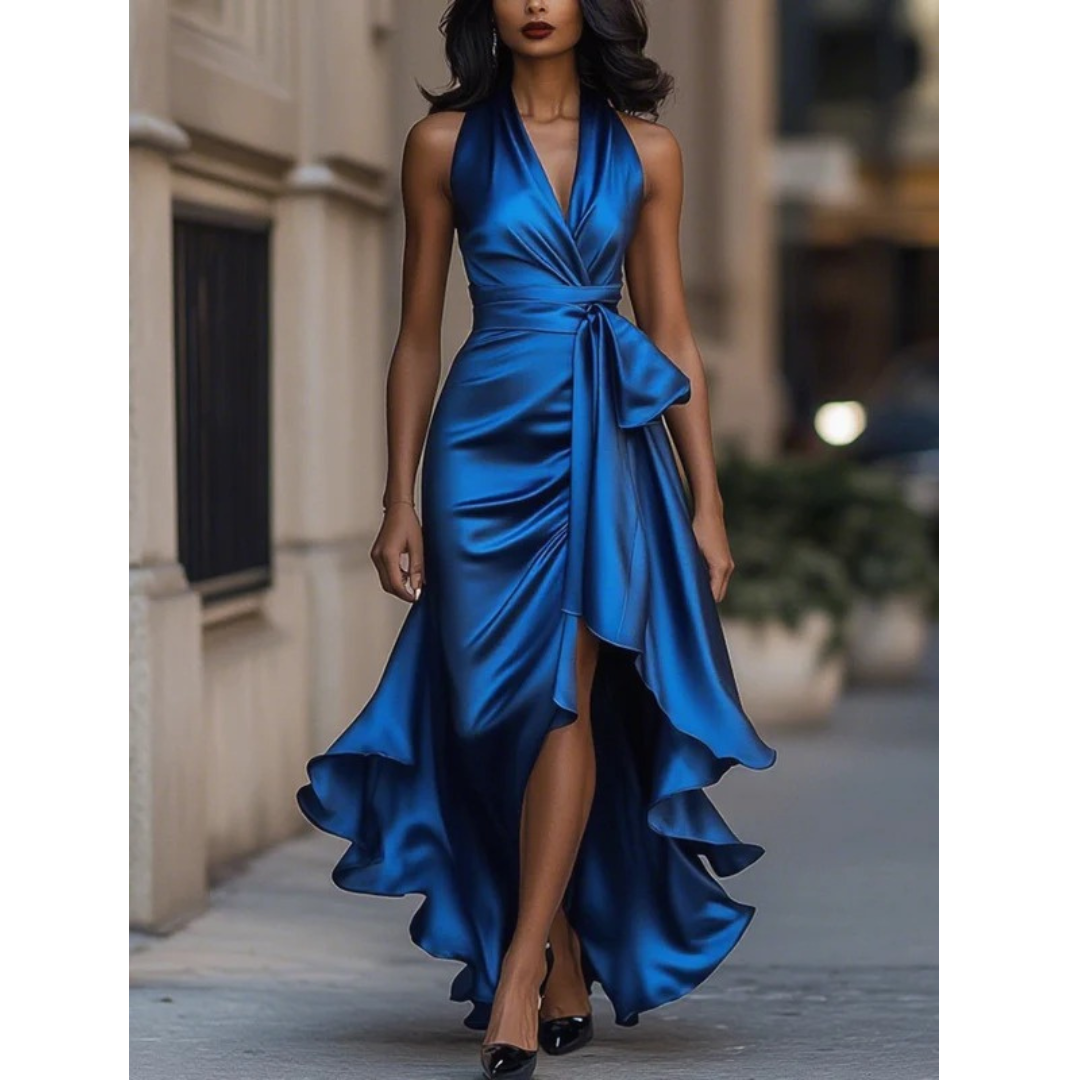 Women's Halter Maxi Dress with Draped Bodice and Cascading Ruffle Hem 4