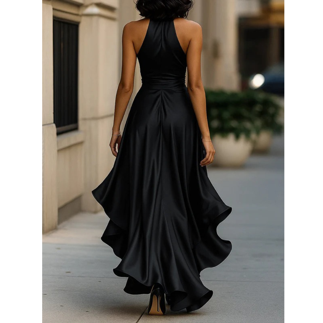 Women's Halter Maxi Dress with Draped Bodice and Cascading Ruffle Hem 12