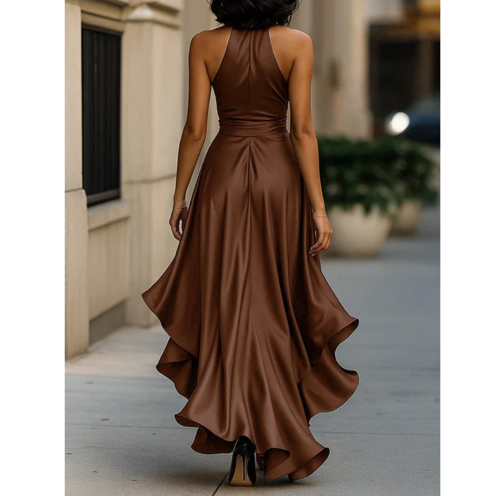 Women's Halter Maxi Dress with Draped Bodice and Cascading Ruffle Hem 11