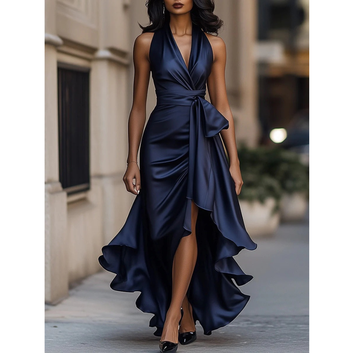 Women's Halter Maxi Dress with Draped Bodice and Cascading Ruffle Hem 1