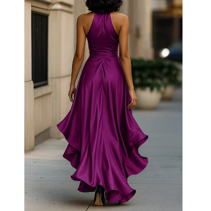 Women's Halter Maxi Dress with Draped Bodice and Cascading Ruffle Hem 13