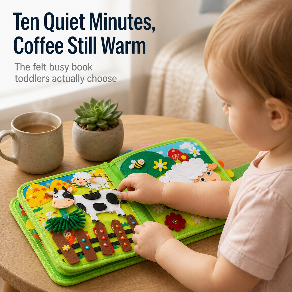 Felt Farm Quiet Book for Toddlers with Zippers, Lacing, Velcro Animals & Finger Puppets 1