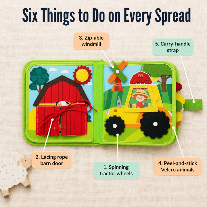 Felt Farm Quiet Book for Toddlers with Zippers, Lacing, Velcro Animals & Finger Puppets 3