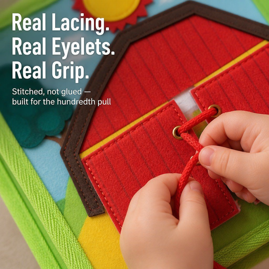 Felt Farm Quiet Book for Toddlers with Zippers, Lacing, Velcro Animals & Finger Puppets 4