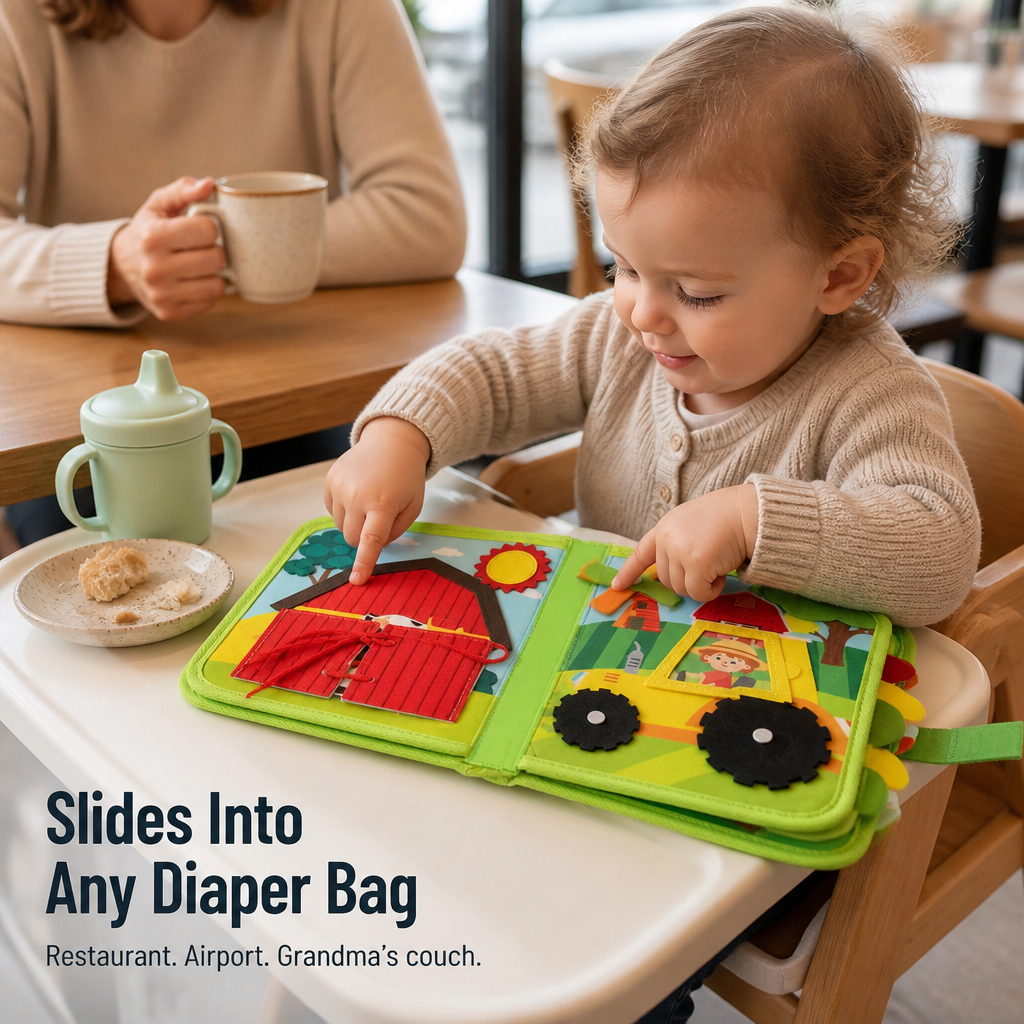Felt Farm Quiet Book for Toddlers with Zippers, Lacing, Velcro Animals & Finger Puppets 5