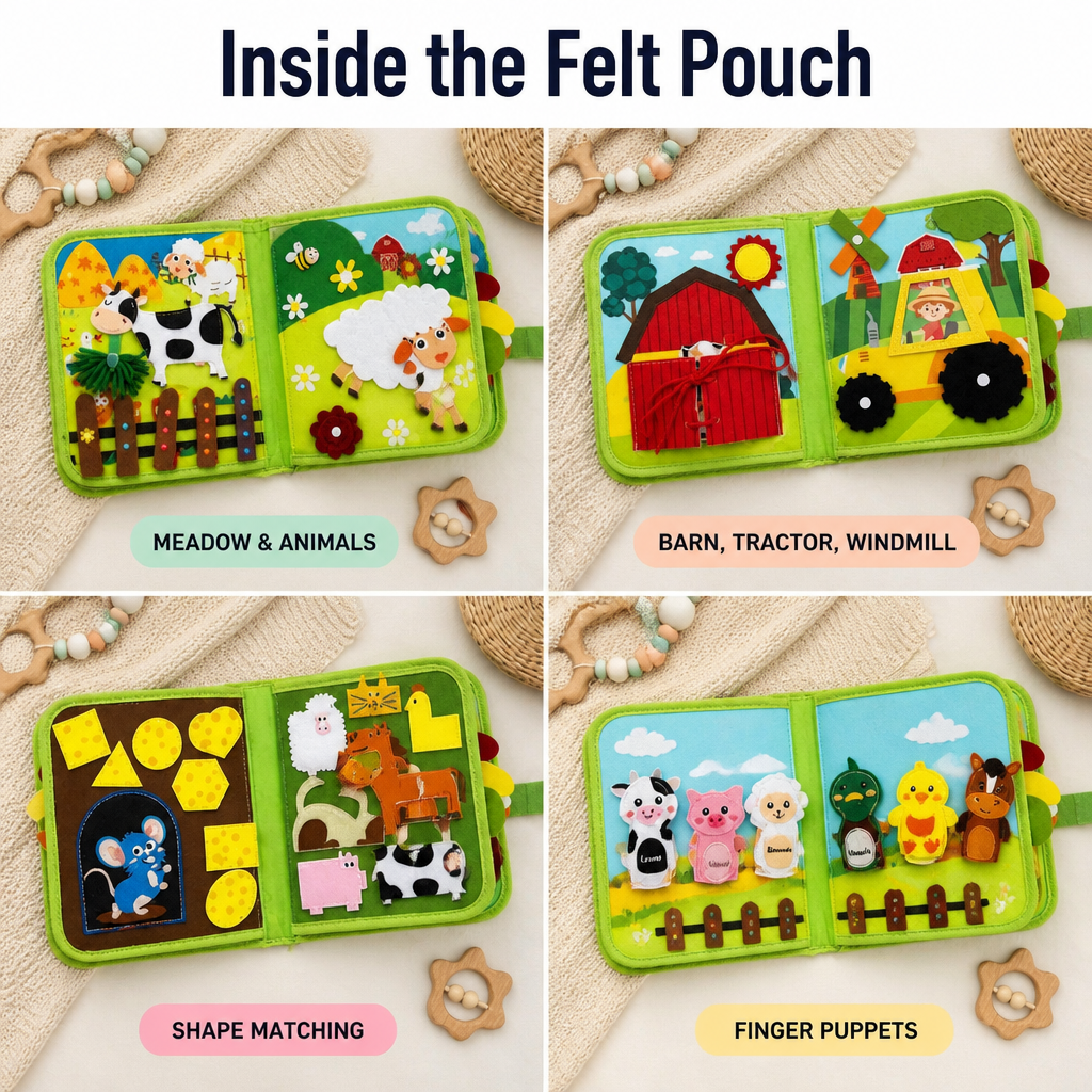 Felt Farm Quiet Book for Toddlers with Zippers, Lacing, Velcro Animals & Finger Puppets 7