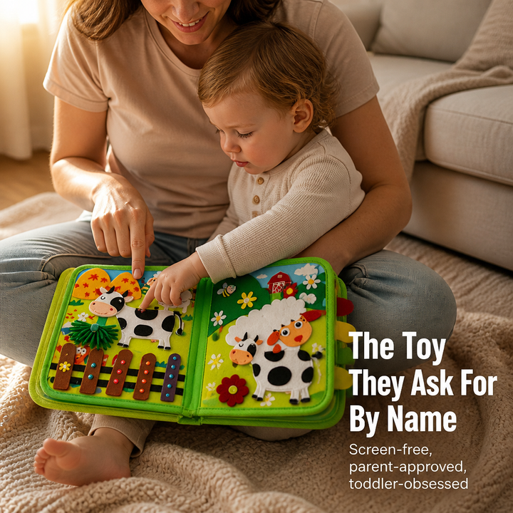 Felt Farm Quiet Book for Toddlers with Zippers, Lacing, Velcro Animals & Finger Puppets 9