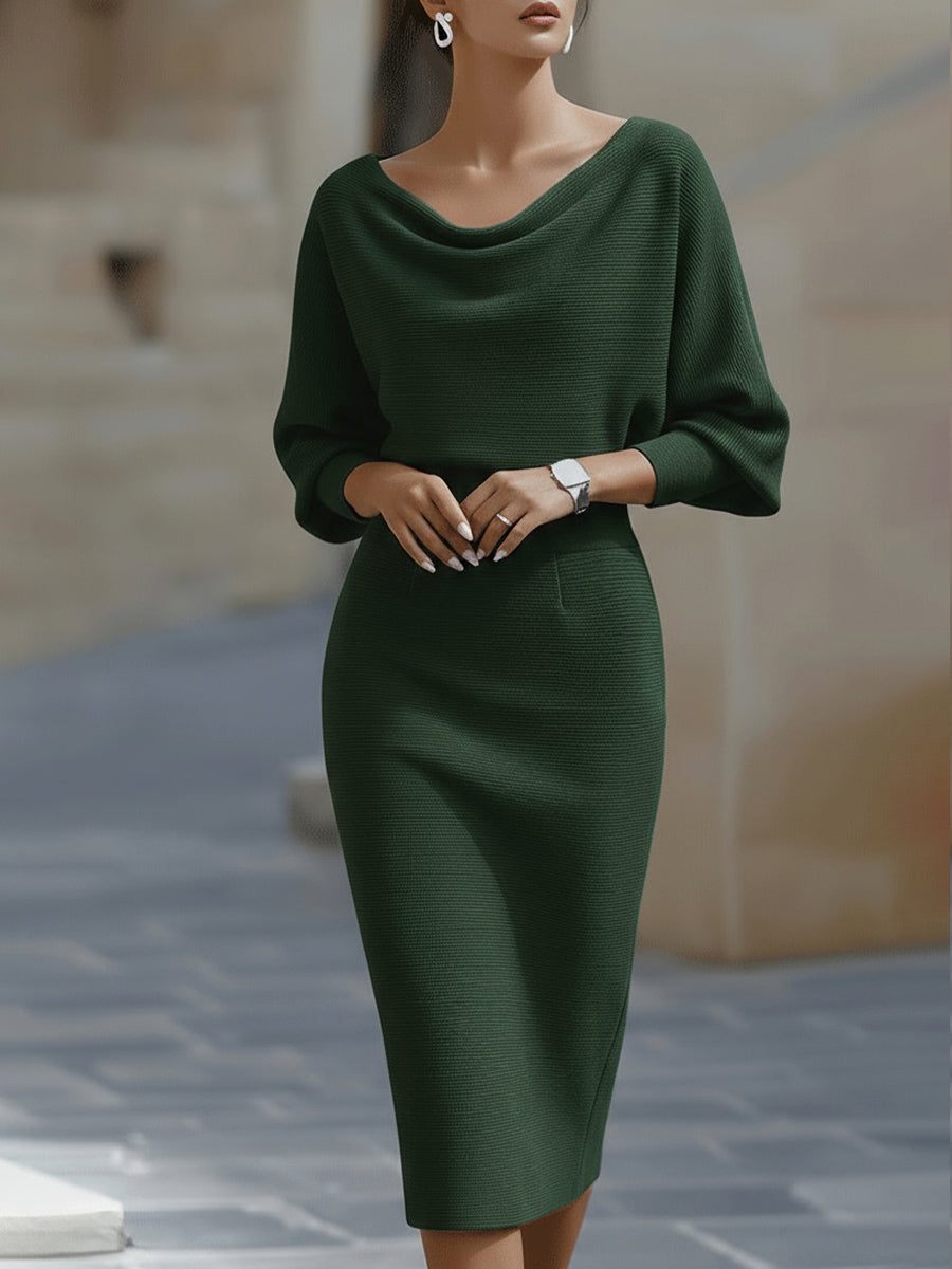 Elegant Draped Midi Dress with Boat Neckline and Fitted Cut 4