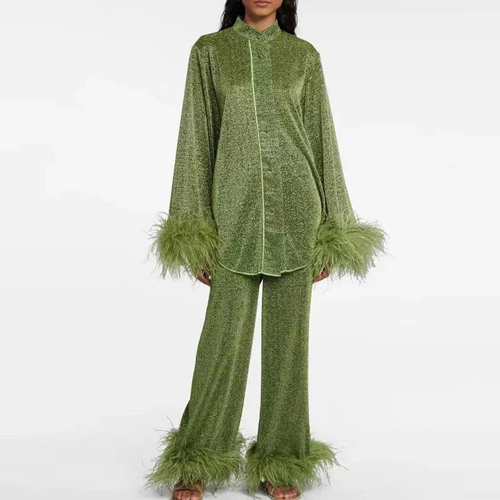 Women's Glitter Two Piece Set with Feather Trim Party Outfit 4