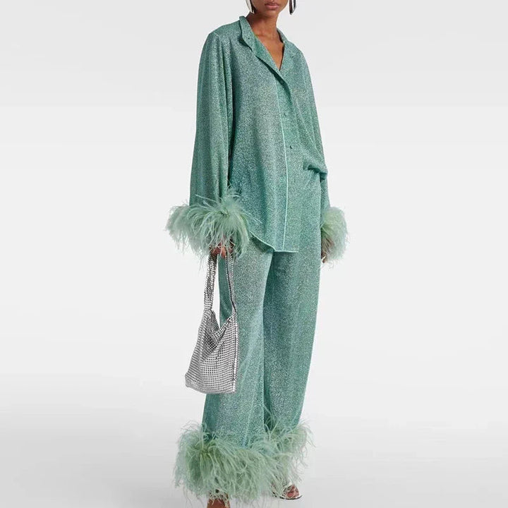 Women's Glitter Two Piece Set with Feather Trim Party Outfit 2