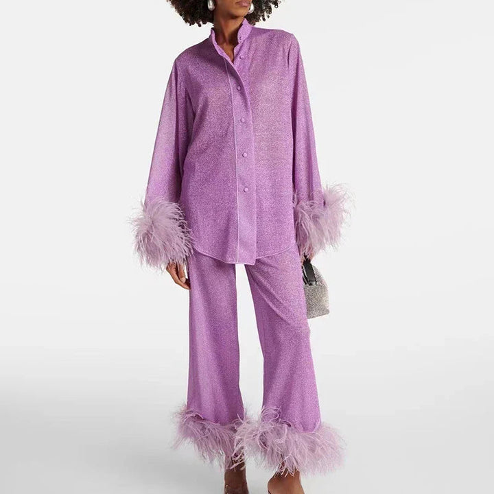 Women's Glitter Two Piece Set with Feather Trim Party Outfit 3