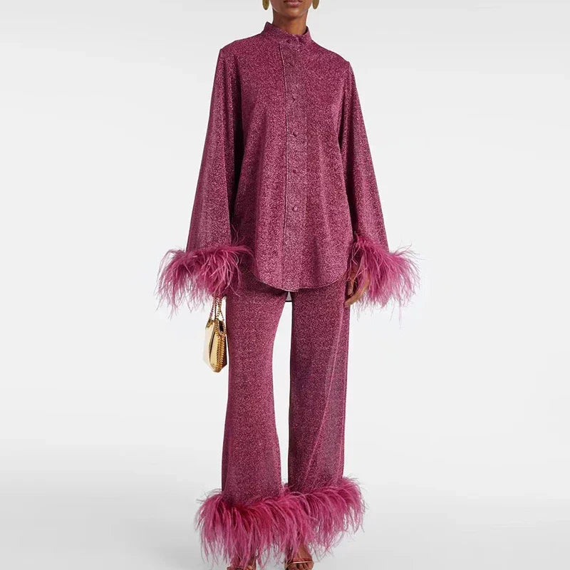 Women's Glitter Two Piece Set with Feather Trim Party Outfit 1