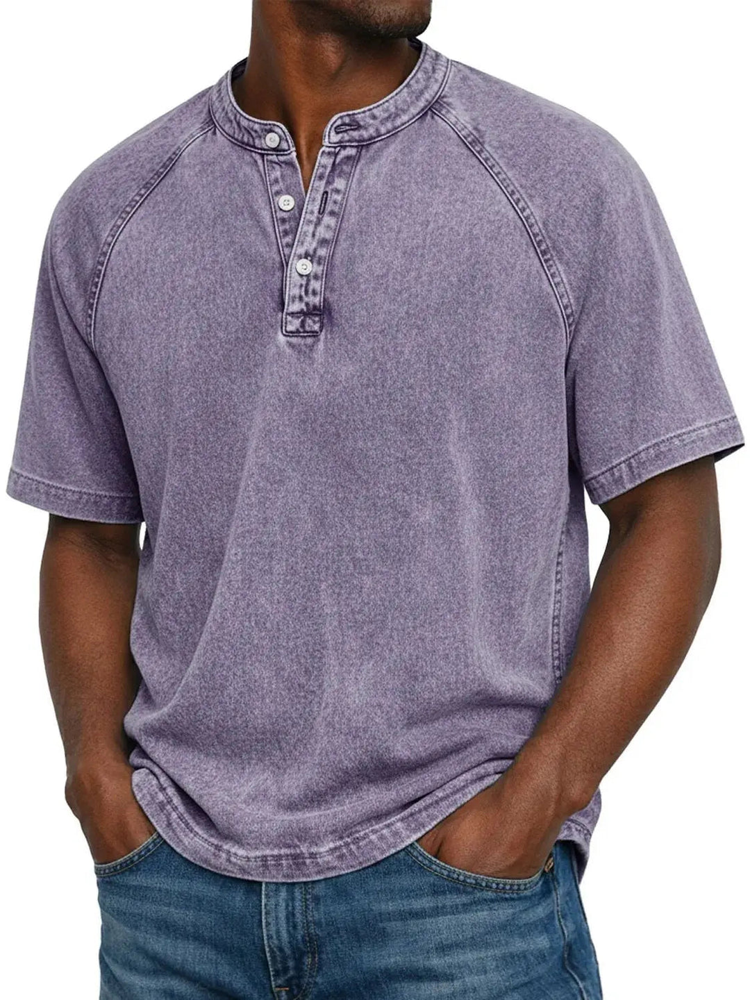 Men's Washed Henley Short Sleeve Casual T-Shirt with Raglan Sleeves 1