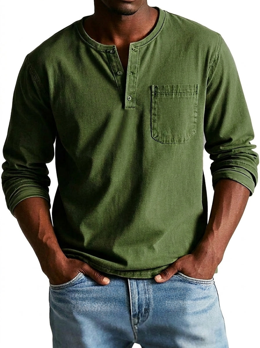 Men's Long Sleeve Henley Shirt with Button Placket and Chest Pocket 2