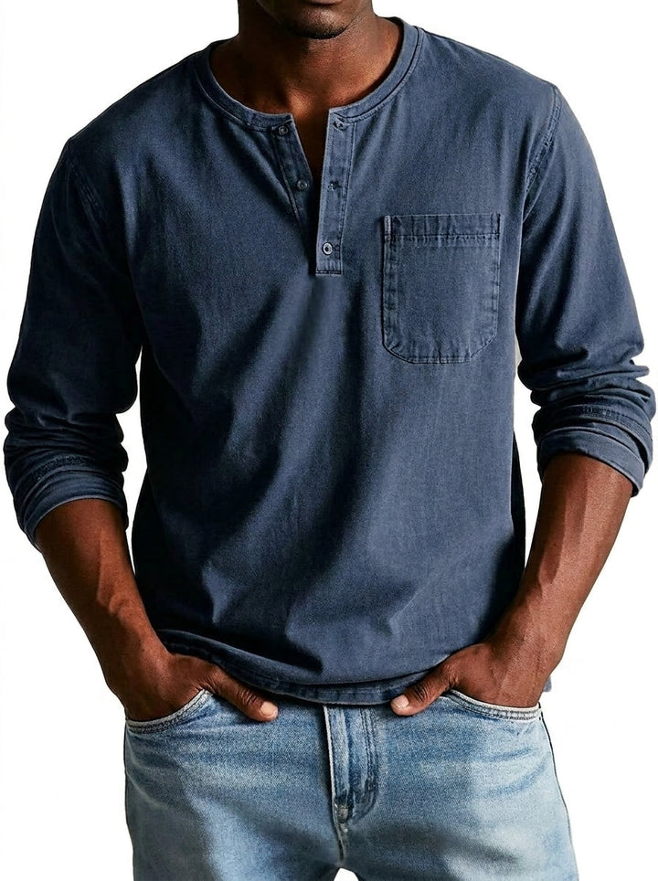 Men's Long Sleeve Henley Shirt with Button Placket and Chest Pocket 3