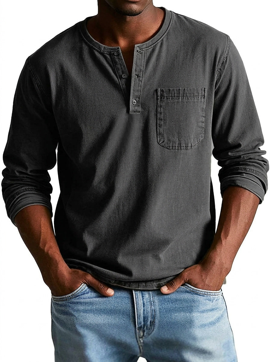 Men's Long Sleeve Henley Shirt with Button Placket and Chest Pocket 5