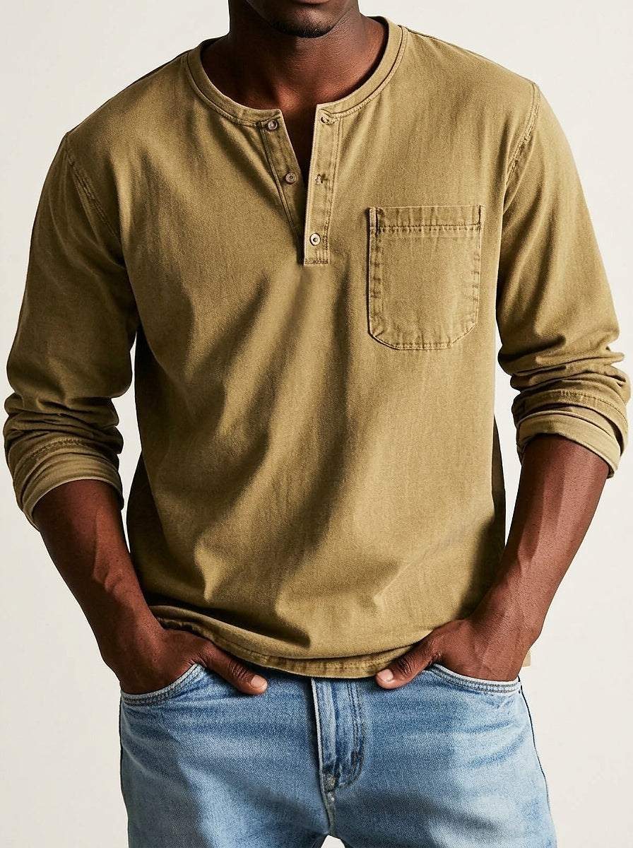 Men's Long Sleeve Henley Shirt with Button Placket and Chest Pocket 7