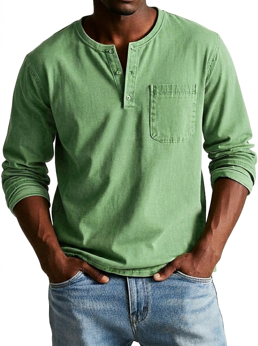 Men's Long Sleeve Henley Shirt with Button Placket and Chest Pocket 1