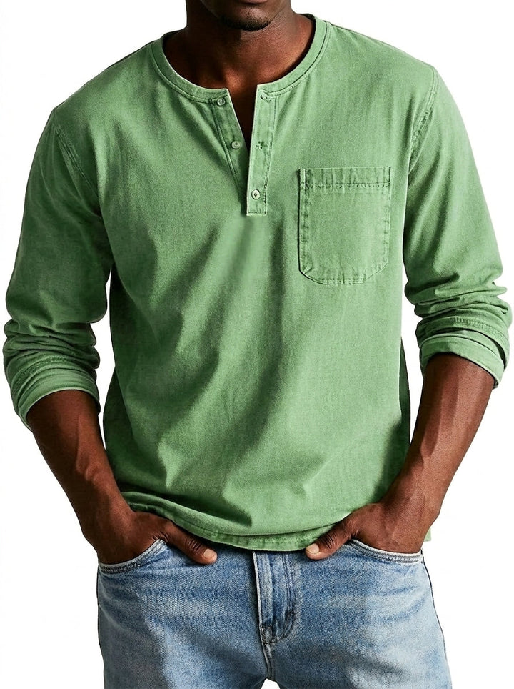 Men's Long Sleeve Henley Shirt with Button Placket and Chest Pocket 1