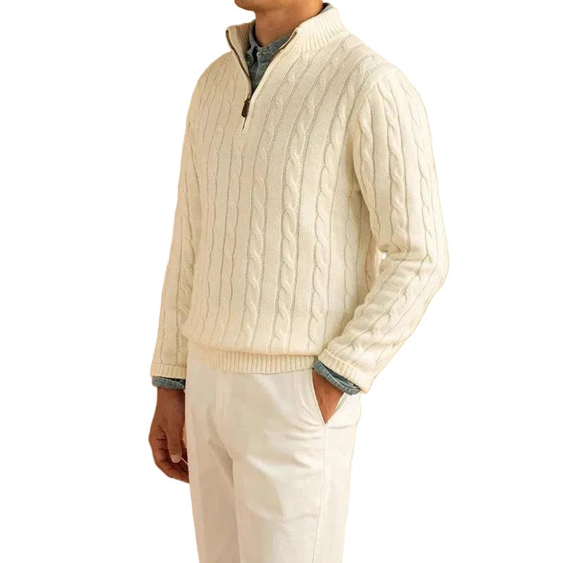 Men's Cable Knit Sweater with Mock Neck and Short Zip 1