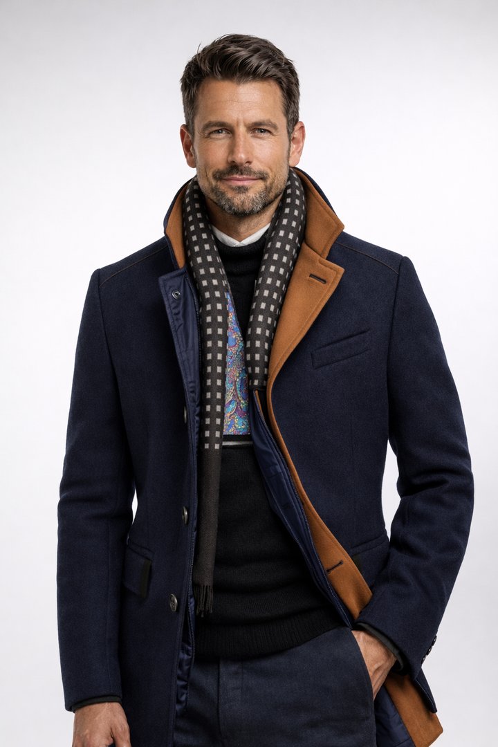 Men's Wool Blend Coat with Quilted Lining and Stand Collar 12