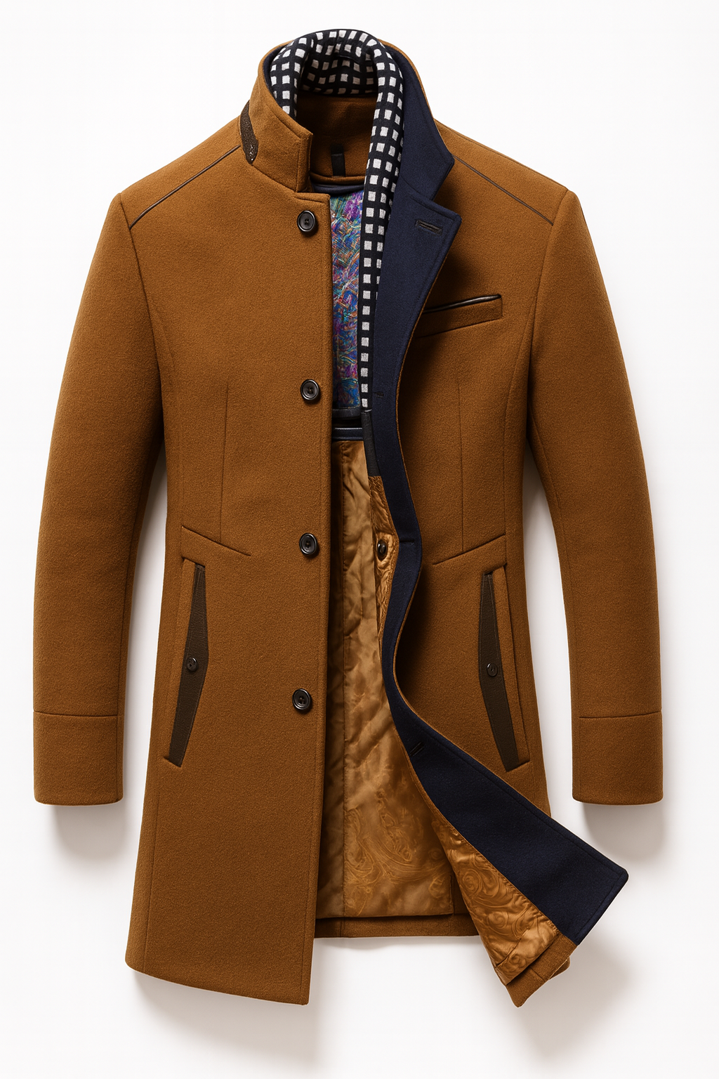 Men's Wool Blend Coat with Quilted Lining and Stand Collar 2