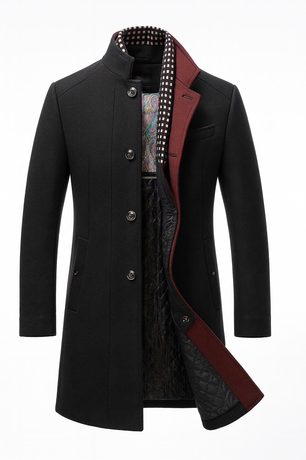 Men's Wool Blend Coat with Quilted Lining and Stand Collar 3