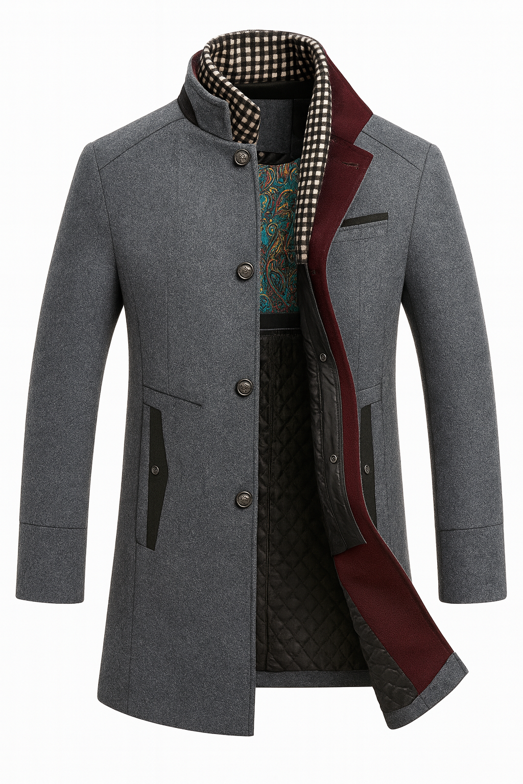 Men's Wool Blend Coat with Quilted Lining and Stand Collar 4