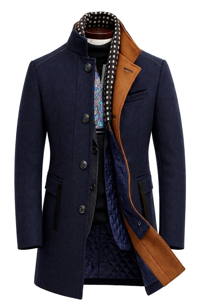 Men's Wool Blend Coat with Quilted Lining and Stand Collar 1