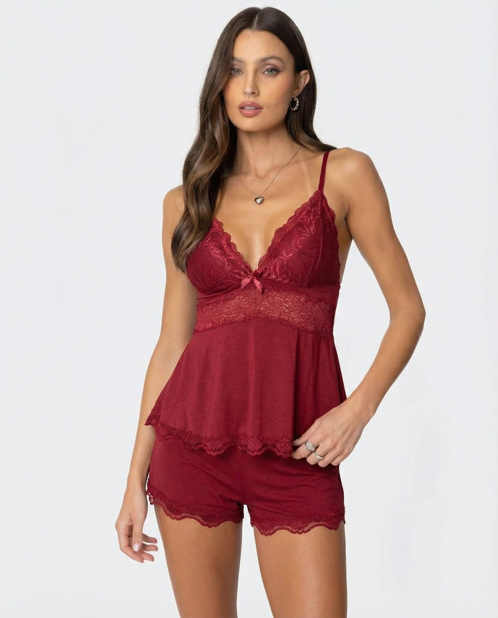 Midnight Lace Cami and Shorts Set with V-Neck and Bow Detail 5