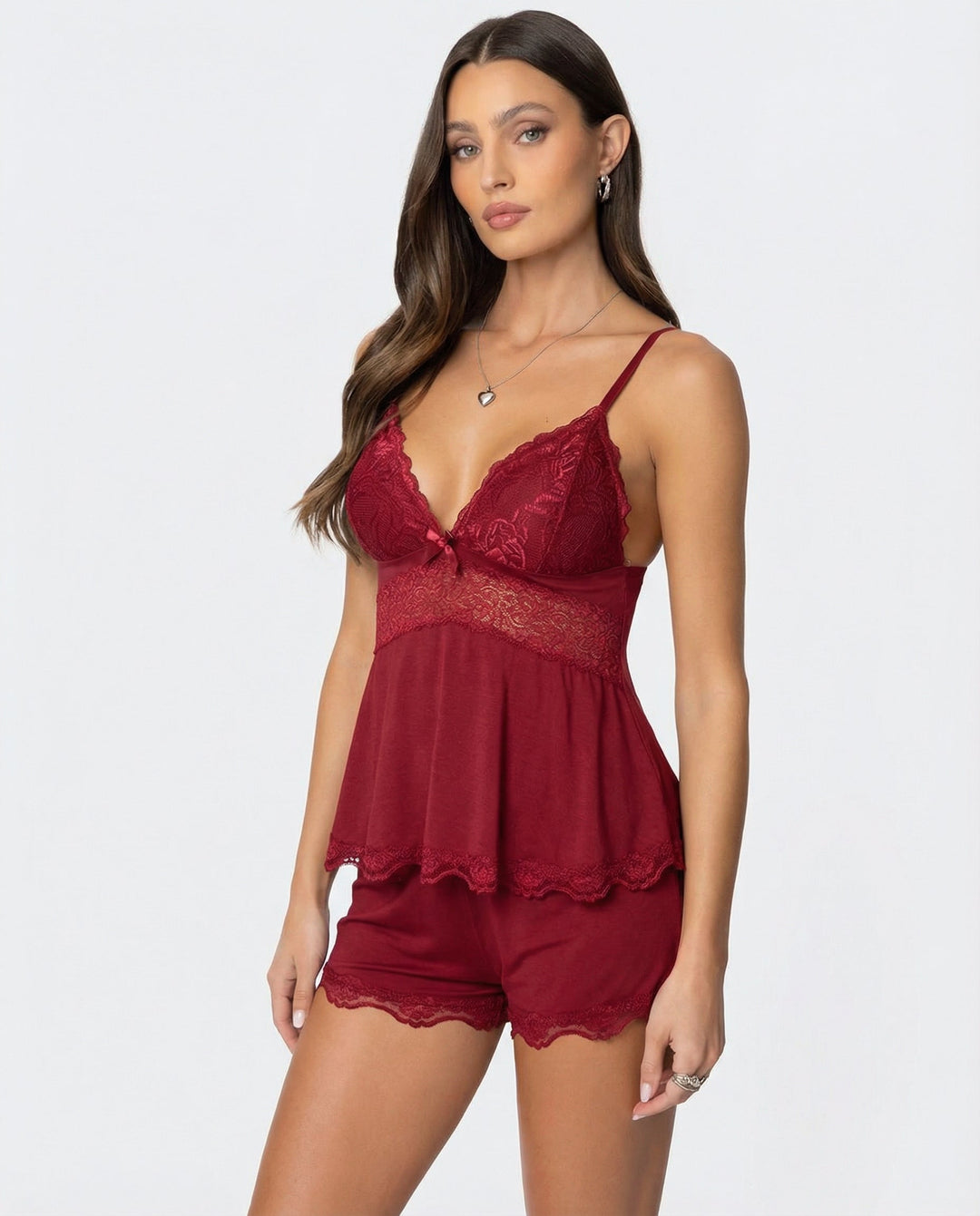 Midnight Lace Cami and Shorts Set with V-Neck and Bow Detail 6