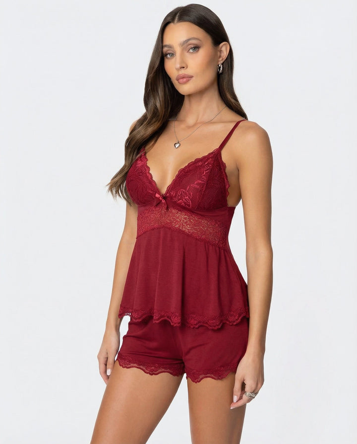 Midnight Lace Cami and Shorts Set with V-Neck and Bow Detail 6