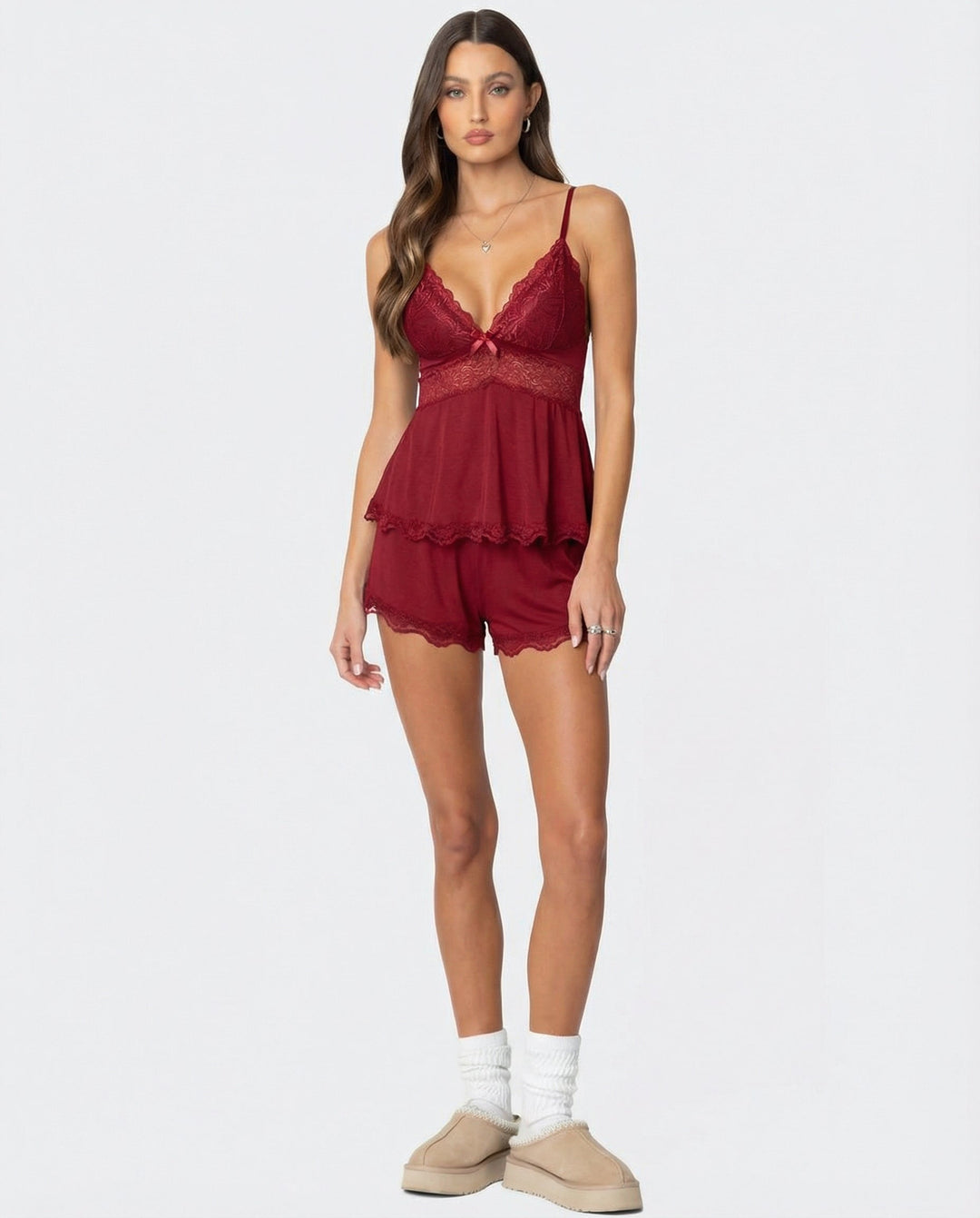 Midnight Lace Cami and Shorts Set with V-Neck and Bow Detail 8